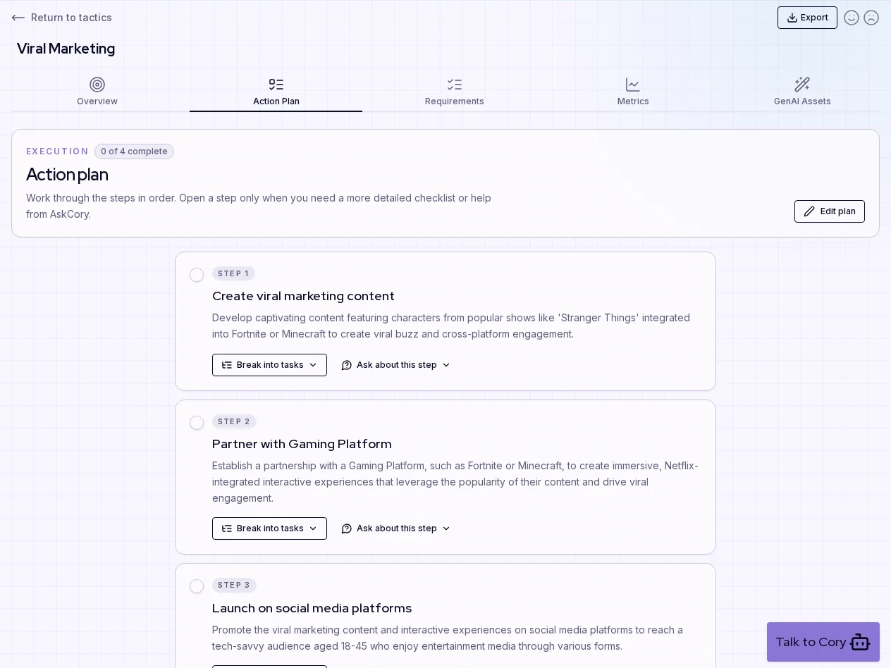 Turn a tactic into an action plan in AskCory