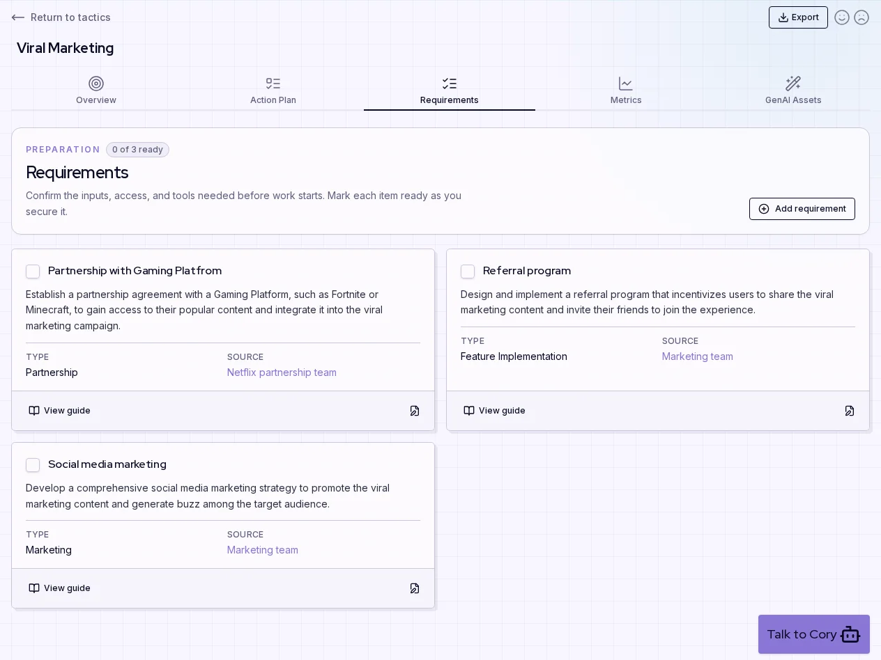 Keep requirements close to the tactic in AskCory
